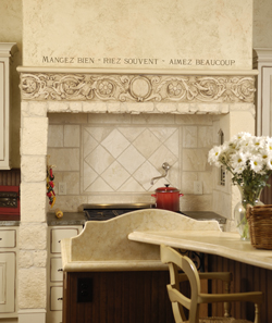language wall lettering decal above decorative lintel in French kitchen