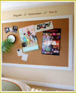 kid's room wall words above bulletin board in kid's bedroom