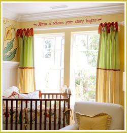 kid's room wall decal above two large window panels in kid's nursery