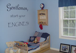 kids wall decal lettering over a toddler bed in a blue race car themed boy's room - Gentlemen, start your engines