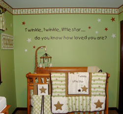 Twinkle twinkle little star....Do you know how loved you are? a decal on a mint green wall with red and white stars above the baby's crib inside the Baby's nursery room.