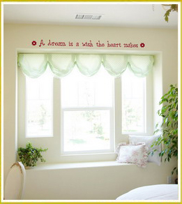 kid's room wall art decal above recessed window in teenage bedroom