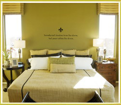 bedroom wall art decal inbetween bedside lamps in bedroom