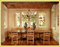 focal point wall decal above dining windows in French country breakfast nook