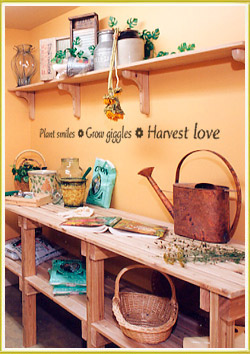 inspirational wall lettering decal below hanging wooden shelf in garden room