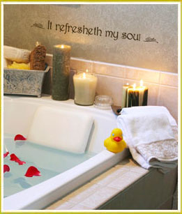 inspirational wall lettering above bathtub in bathroom
