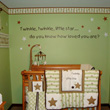Twinkle twinkle little star....Do you know how loved you are? a decal on a mint green wall with red and white stars above the baby's crib inside the Baby's nursery room.