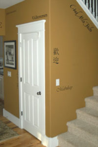 Multi-Lingual Welcome-wall lettering on the wall in the hallway.